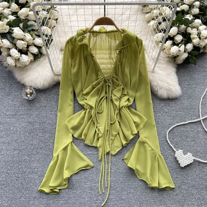 LVSANW Mesh Sheer Tie Up Crop Tops Women Long Flare Sleeve V Neck Ruffle Tops and Blouse Summer See Through Sexy Casual Shirts Female