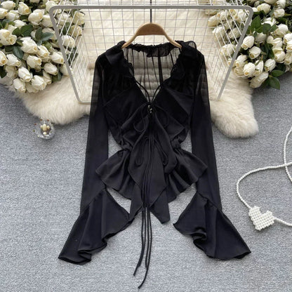 LVSANW Mesh Sheer Tie Up Crop Tops Women Long Flare Sleeve V Neck Ruffle Tops and Blouse Summer See Through Sexy Casual Shirts Female