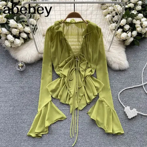 LVSANW Mesh Sheer Tie Up Crop Tops Women Long Flare Sleeve V Neck Ruffle Tops and Blouse Summer See Through Sexy Casual Shirts Female