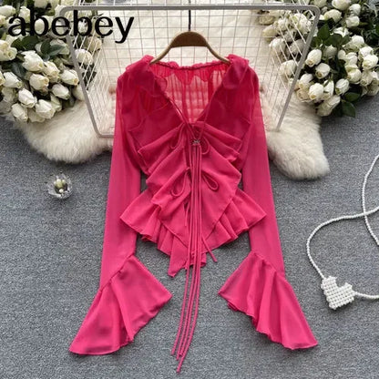 LVSANW Mesh Sheer Tie Up Crop Tops Women Long Flare Sleeve V Neck Ruffle Tops and Blouse Summer See Through Sexy Casual Shirts Female