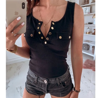 LVSANW Metal Button Slim Tank Top Women Sexy Round Neck Sleeveless T-Shirt Summer Every Day Solid Top