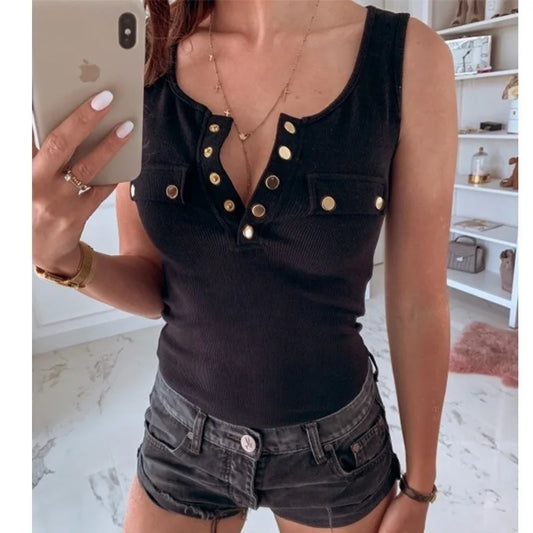 LVSANW Metal Button Slim Tank Top Women Sexy Round Neck Sleeveless T-Shirt Summer Every Day Solid Top