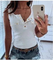 LVSANW Metal Button Slim Tank Top Women Sexy Round Neck Sleeveless T-Shirt Summer Every Day Solid Top