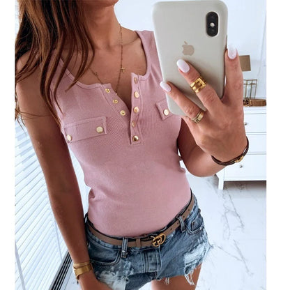 LVSANW Metal Button Slim Tank Top Women Sexy Round Neck Sleeveless T-Shirt Summer Every Day Solid Top