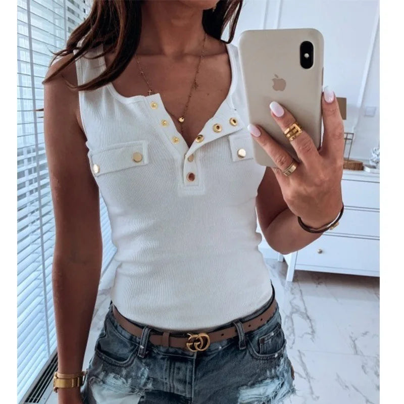 LVSANW Metal Button Slim Tank Top Women Sexy Round Neck Sleeveless T-Shirt Summer Every Day Solid Top