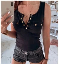 LVSANW Metal Button Slim Tank Top Women Sexy Round Neck Sleeveless T-Shirt Summer Every Day Solid Top