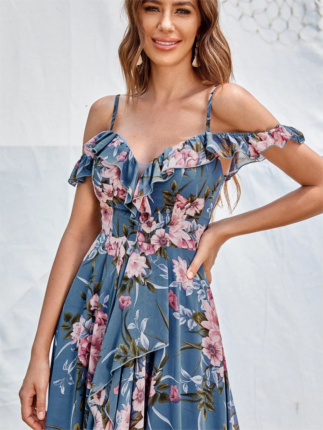 LVSANW Mgiacy Off-the-shoulder short front long elegant floral chiffon dress dress