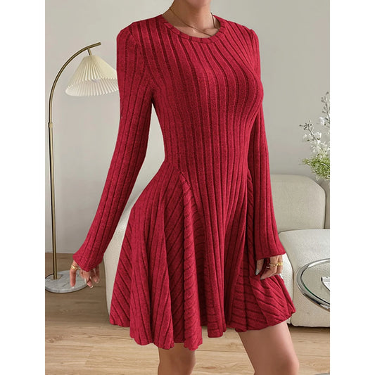 LVSANW Mia Muse Women's Dresses Autumn Elegant Waist In Design Long Sleeve Crew Neck Mini Wrap Casual Dresses