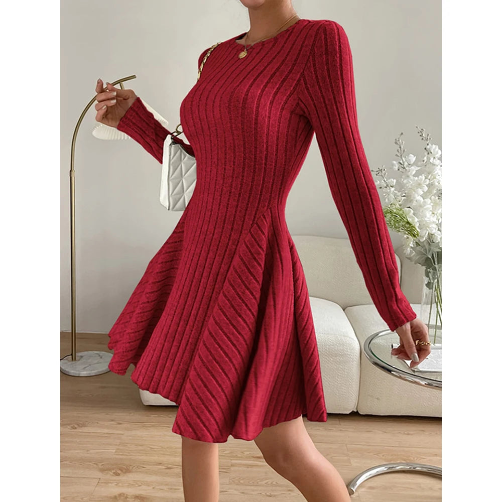 LVSANW Mia Muse Women's Dresses Autumn Elegant Waist In Design Long Sleeve Crew Neck Mini Wrap Casual Dresses