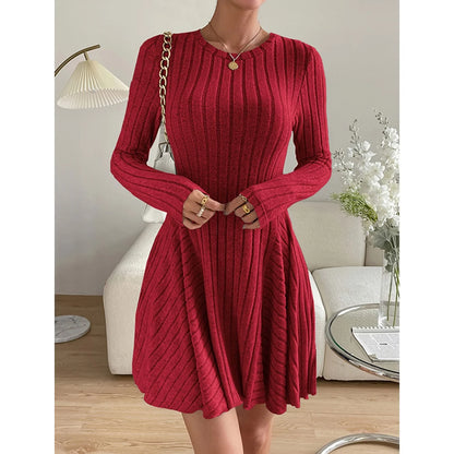 LVSANW Mia Muse Women's Dresses Autumn Elegant Waist In Design Long Sleeve Crew Neck Mini Wrap Casual Dresses