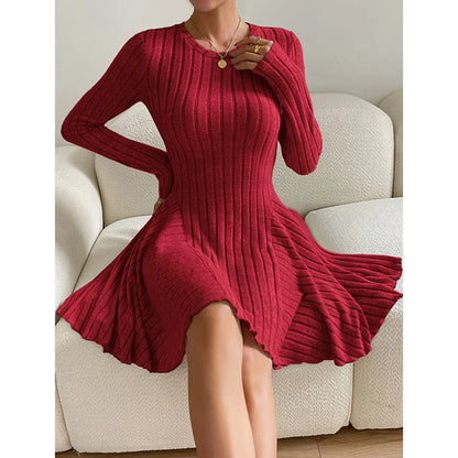 LVSANW Mia Muse Women's Dresses Autumn Elegant Waist In Design Long Sleeve Crew Neck Mini Wrap Casual Dresses