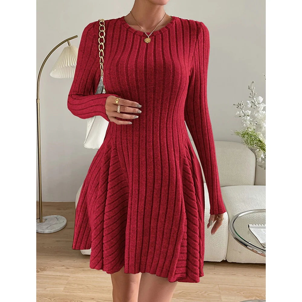 LVSANW Mia Muse Women's Dresses Autumn Elegant Waist In Design Long Sleeve Crew Neck Mini Wrap Casual Dresses