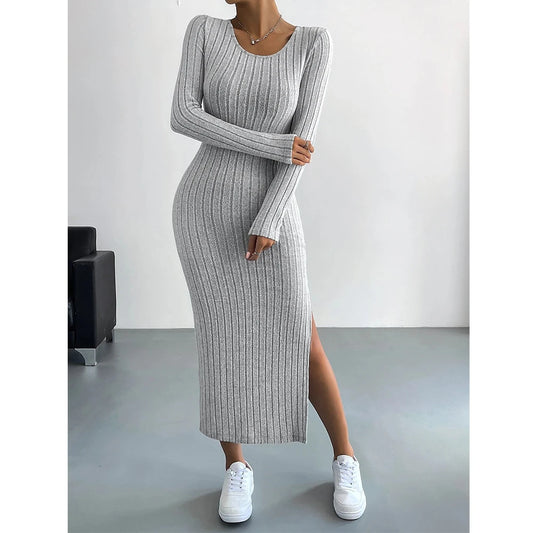 LVSANW Mia Muse Women's Dresses Autumn French Plain Stripe Split Long Sleeve Scoop Neck Bodycon Full Length Maxi Casual Dresses