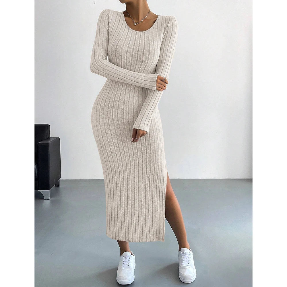 LVSANW Mia Muse Women's Dresses Autumn French Plain Stripe Split Long Sleeve Scoop Neck Bodycon Full Length Maxi Casual Dresses