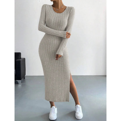 LVSANW Mia Muse Women's Dresses Autumn French Plain Stripe Split Long Sleeve Scoop Neck Bodycon Full Length Maxi Casual Dresses