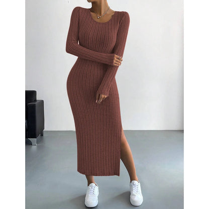 LVSANW Mia Muse Women's Dresses Autumn French Plain Stripe Split Long Sleeve Scoop Neck Bodycon Full Length Maxi Casual Dresses