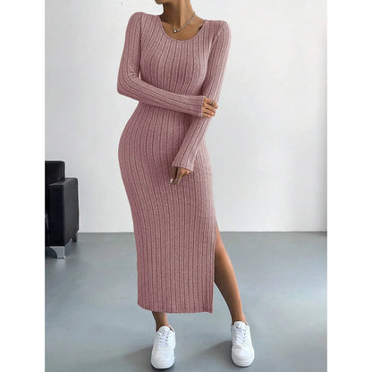 LVSANW Mia Muse Women's Dresses Autumn French Plain Stripe Split Long Sleeve Scoop Neck Bodycon Full Length Maxi Casual Dresses