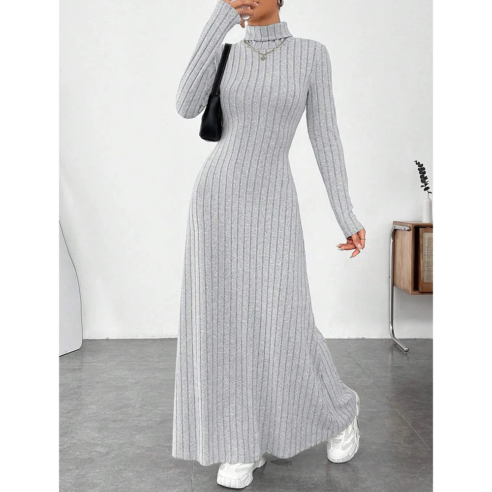 LVSANW Mia Muse Women's Dresses Autumn Winter Decent Simple Solid Color Long Sleeve High-Neck Maxi Wrap Casual Dresses