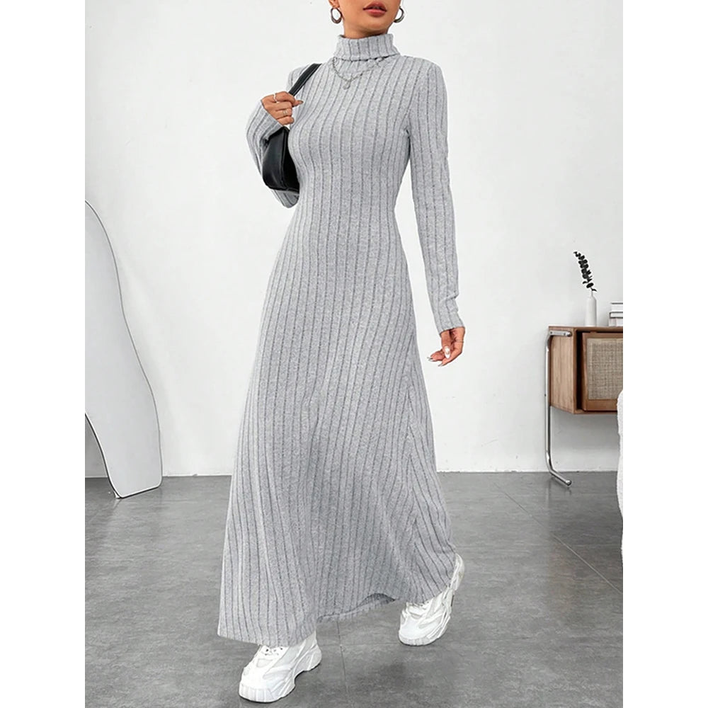 LVSANW Mia Muse Women's Dresses Autumn Winter Decent Simple Solid Color Long Sleeve High-Neck Maxi Wrap Casual Dresses