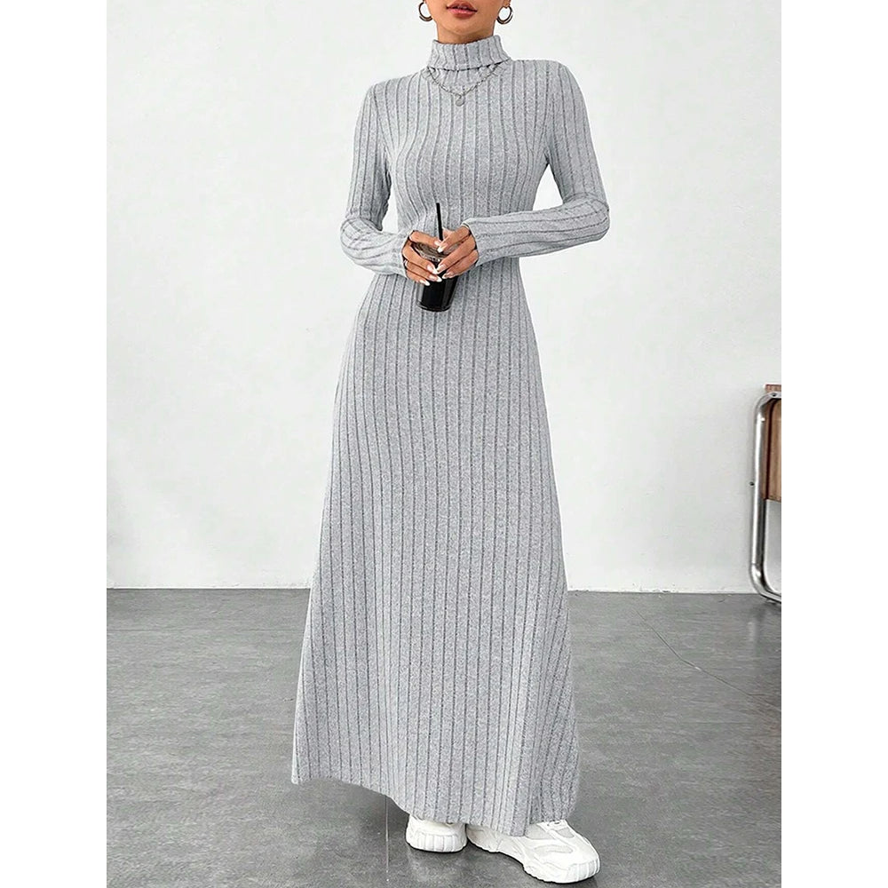 LVSANW Mia Muse Women's Dresses Autumn Winter Decent Simple Solid Color Long Sleeve High-Neck Maxi Wrap Casual Dresses