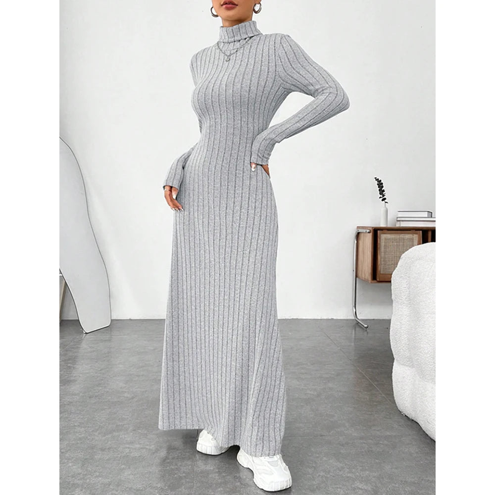 LVSANW Mia Muse Women's Dresses Autumn Winter Decent Simple Solid Color Long Sleeve High-Neck Maxi Wrap Casual Dresses