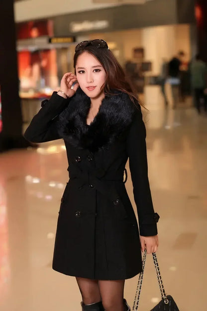 LVSANW Mid Length Wool Coats Women Fur Collar Splice Blends Korean Full Sleeve Double Breasted Lace Up Belt Thick Warm Winter Jackets