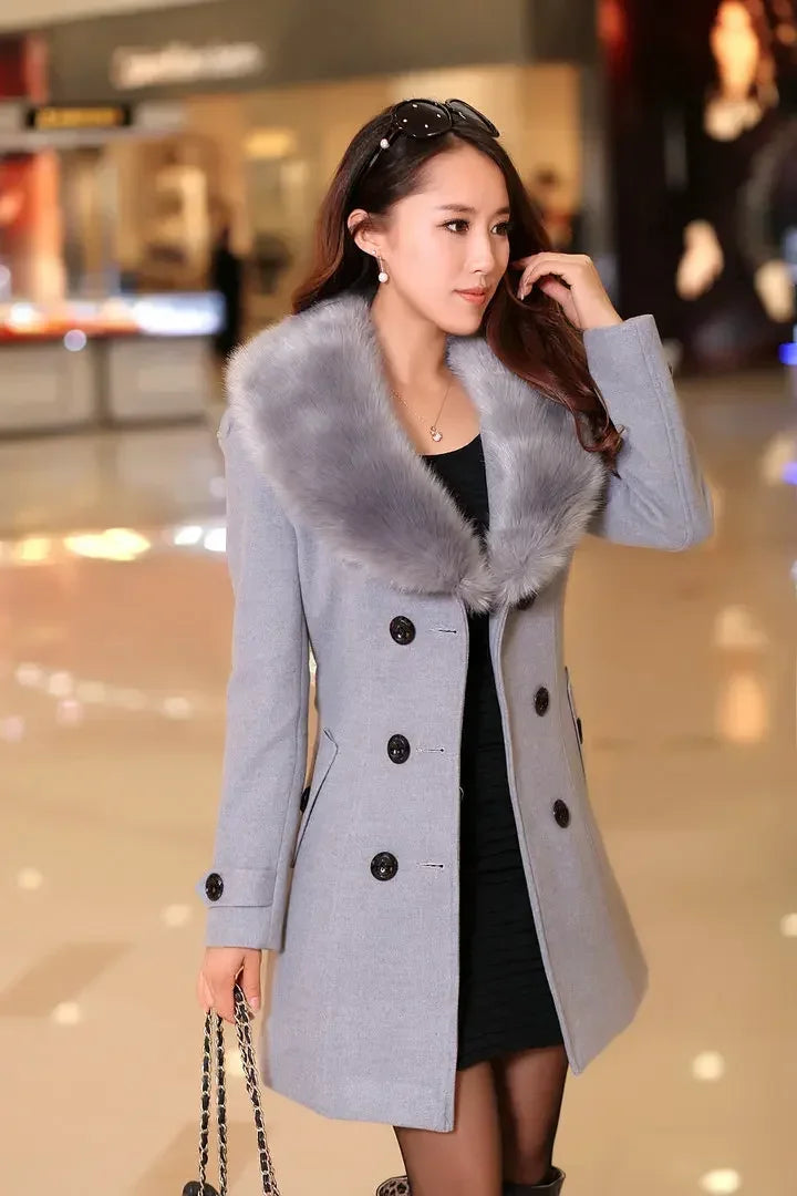 LVSANW Mid Length Wool Coats Women Fur Collar Splice Blends Korean Full Sleeve Double Breasted Lace Up Belt Thick Warm Winter Jackets