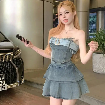 LVSANW Millennial hottie style denim suit, tube top, skirt, two-piece suit for women Deini Jeans 2 pcs Skirt Sets Slash Neck Tops