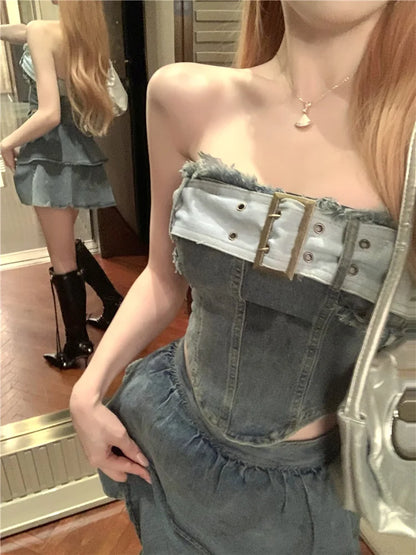 LVSANW Millennial hottie style denim suit, tube top, skirt, two-piece suit for women Deini Jeans 2 pcs Skirt Sets Slash Neck Tops