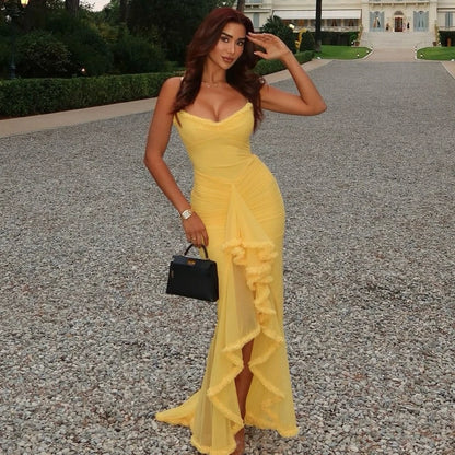 LVSANW Mingmingxi Summer Birthday Party Dresses 2025 Irregular Ruffle Elegant Mesh Dress Yellow Long Dresses for Women