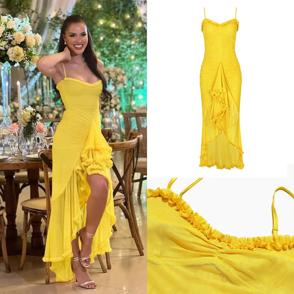 LVSANW Mingmingxi Summer Birthday Party Dresses 2025 Irregular Ruffle Elegant Mesh Dress Yellow Long Dresses for Women