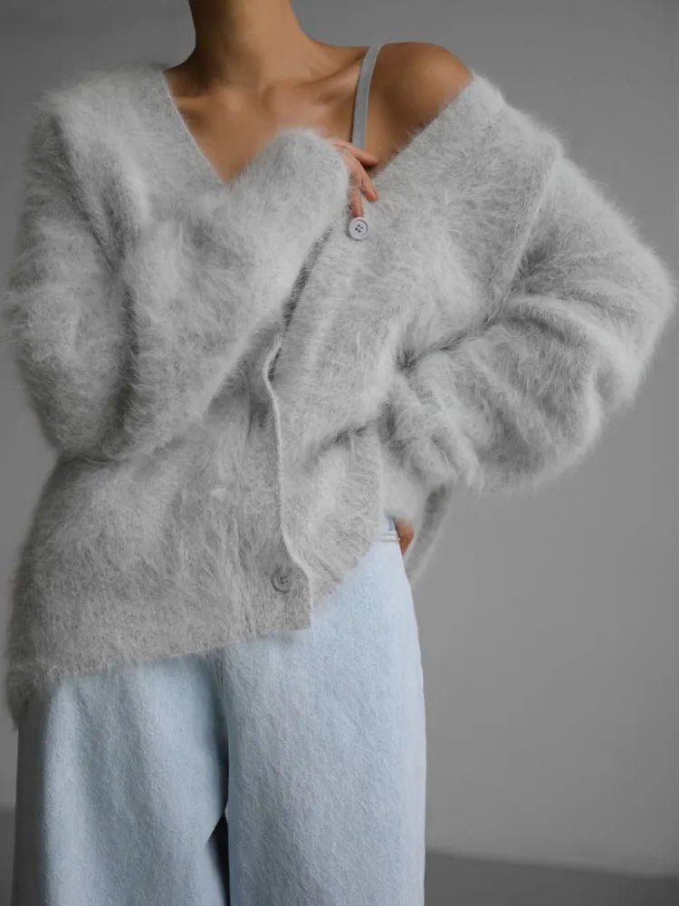 LVSANW Mink Fur Oversized Cardigan Women Knitting Long Sleeve Cardigans Office Elegant V-Neck Sweater White Gray Khaki Street Cardigan