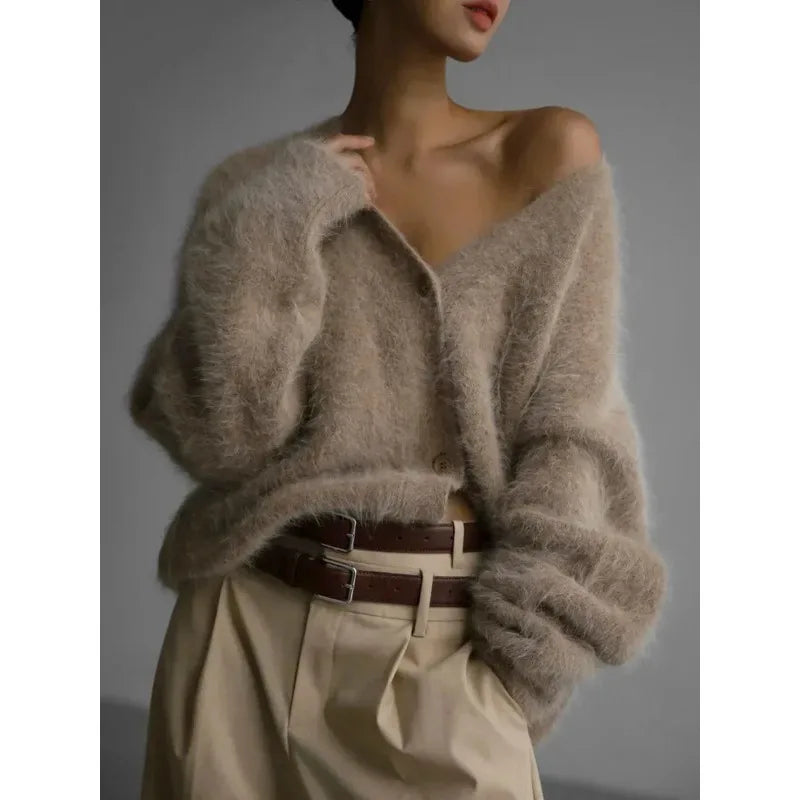 LVSANW Mink Fur Oversized Cardigan Women Knitting Long Sleeve Cardigans Office Elegant V-Neck Sweater White Gray Khaki Street Cardigan