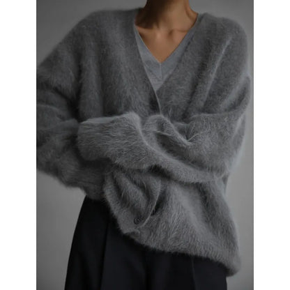 LVSANW Mink Fur Oversized Cardigan Women Knitting Long Sleeve Cardigans Office Elegant V-Neck Sweater White Gray Khaki Street Cardigan