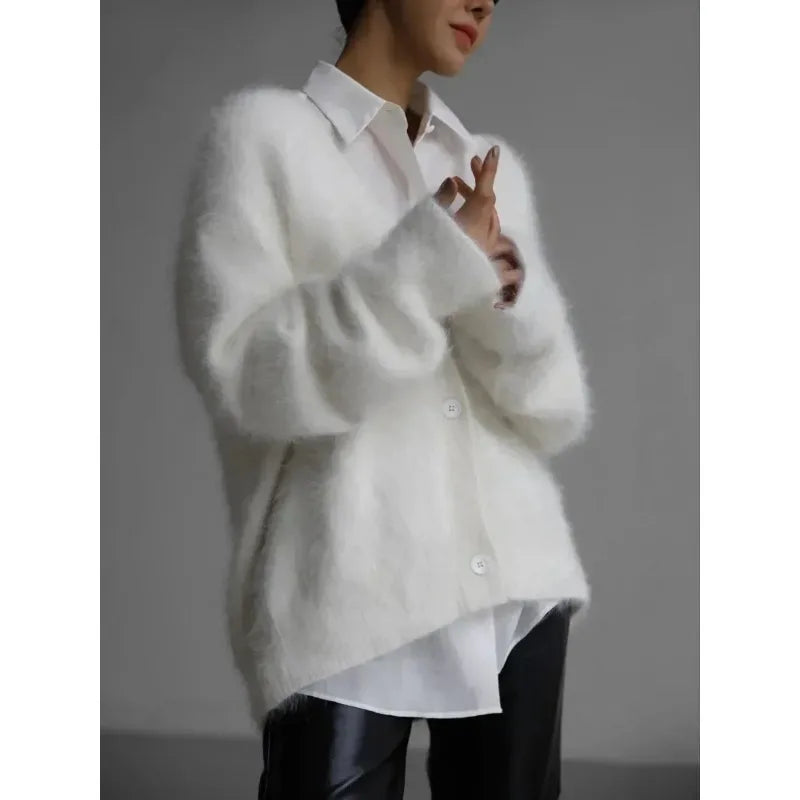 LVSANW Mink Fur Oversized Cardigan Women Knitting Long Sleeve Cardigans Office Elegant V-Neck Sweater White Gray Khaki Street Cardigan