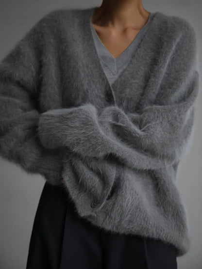 LVSANW Mink Fur Oversized Cardigan Women Knitting Long Sleeve Cardigans Office Elegant V-Neck Sweater White Gray Khaki Street Cardigan