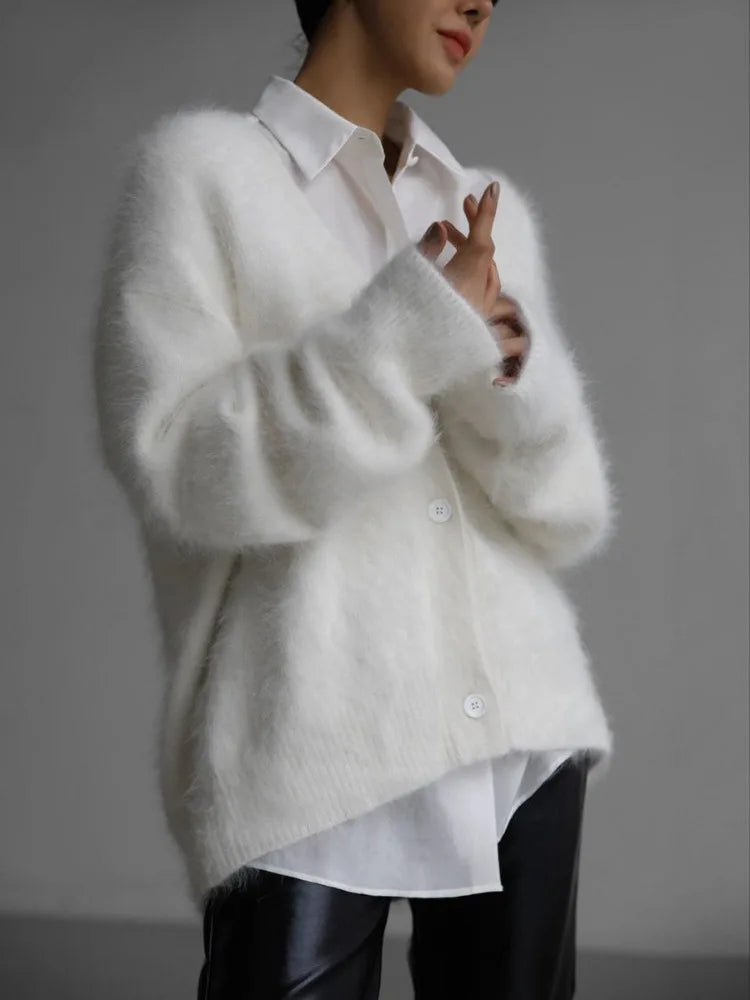 LVSANW Mink Fur Oversized Cardigan Women Knitting Long Sleeve Cardigans Office Elegant V-Neck Sweater White Gray Khaki Street Cardigan