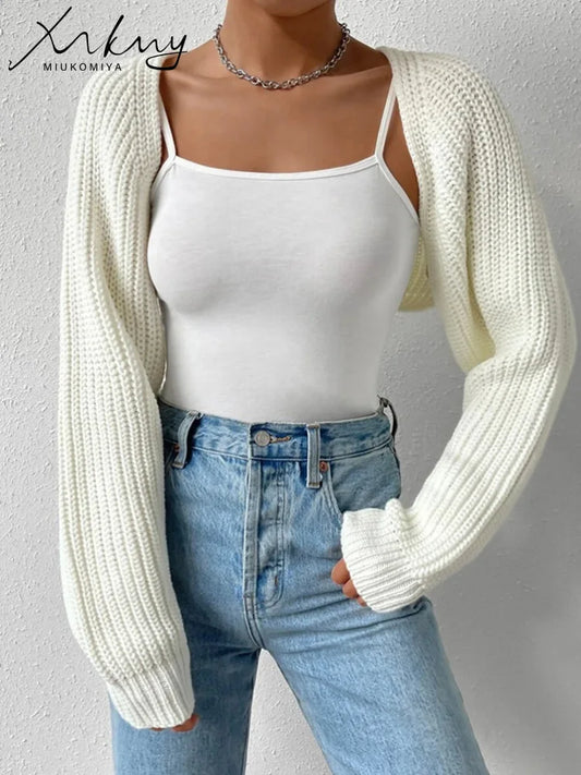 LVSANW MiuKoMiYa Ultra-Short White Knitwears Cardigan For Women Short Knitted Jackets Loose Sweaters Crop Tops Solid Sexy Cardigans