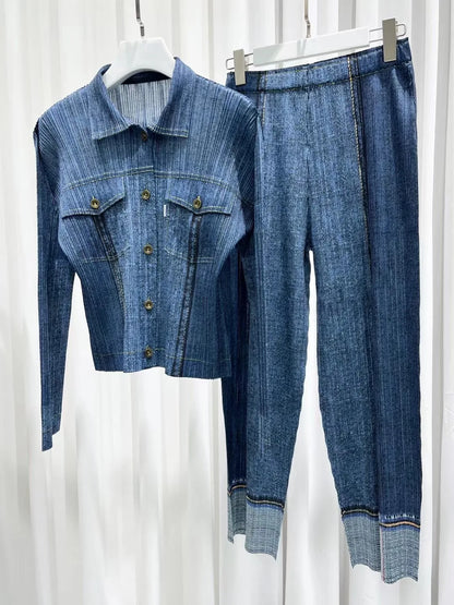 LVSANW Miyake Pleated Denim Suit Women's Spring Summer 2024 New Long-sleeved Short Coat High-waisted Casual Pants Fashion Two-piece Set