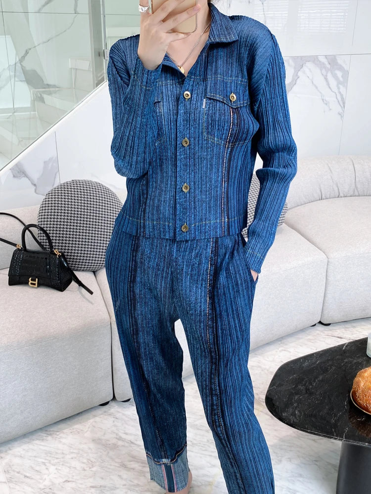 LVSANW Miyake Pleated Denim Suit Women's Spring Summer 2024 New Long-sleeved Short Coat High-waisted Casual Pants Fashion Two-piece Set