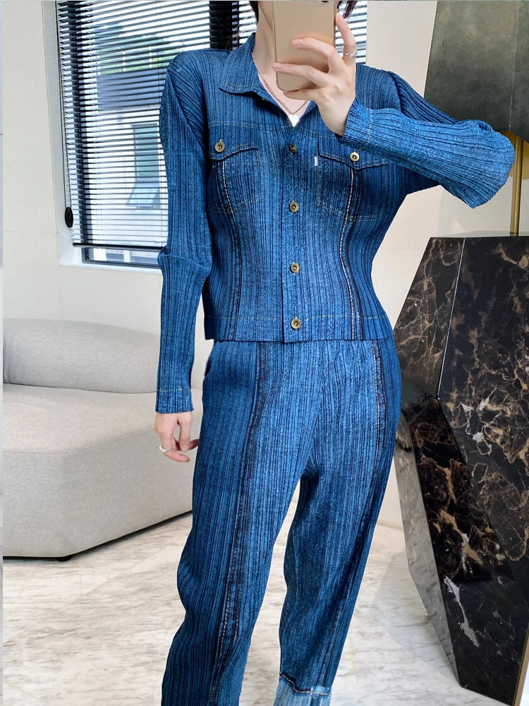 LVSANW Miyake Pleated Denim Suit Women's Spring Summer 2024 New Long-sleeved Short Coat High-waisted Casual Pants Fashion Two-piece Set