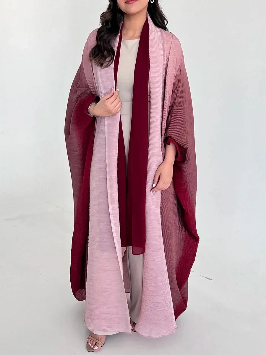 LVSANW Miyake Pleated Women Cardigan Wraps Elegant Loose Miyake Gradient Pleated Turn-down Collar Bat Windbreak With Belt 55"In Lace