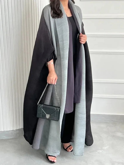 LVSANW Miyake Pleated Women Cardigan Wraps Elegant Loose Miyake Gradient Pleated Turn-down Collar Bat Windbreak With Belt 55"In Lace