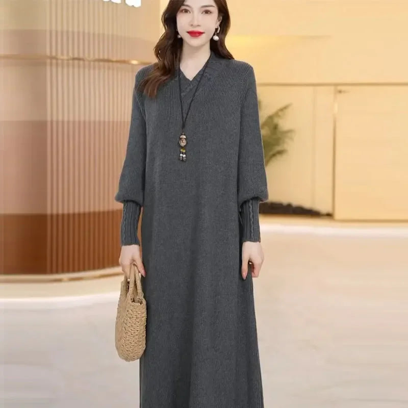 LVSANW Mom's Autumn And Winter Thick Knitted Wool Dress Wool Sweater Slim High-End Knee Length Long Sleeved Dress Loose Plus Size XXXL