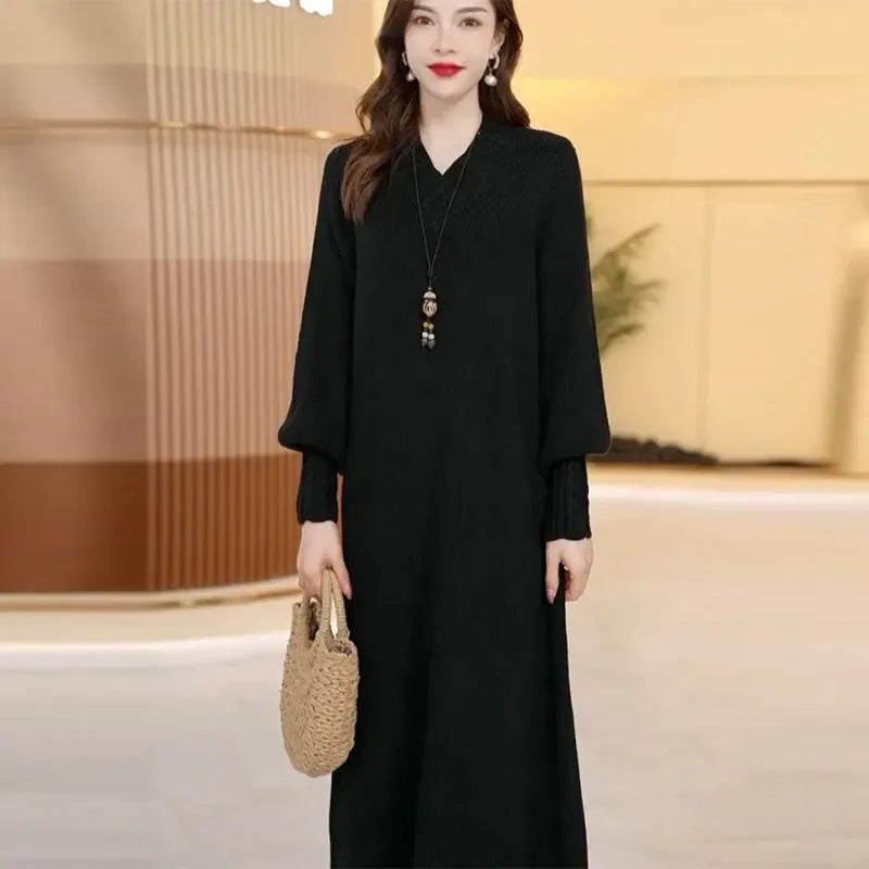 LVSANW Mom's Autumn And Winter Thick Knitted Wool Dress Wool Sweater Slim High-End Knee Length Long Sleeved Dress Loose Plus Size XXXL