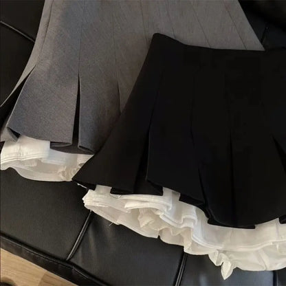 LVSANW Mooyufon Ruffles Black Mini Skirt Women Korean Patchwork Pleated Skirts Japanese Kawaii High Waist All Match A Line Skirt New