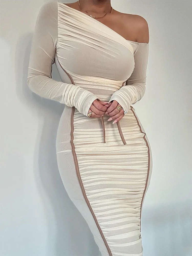 LVSANW Mozision Diagonal Collar Long Sleeve Midi Dress For Women Two Layer Mesh Backless Ruched Bodycon Club Party Sexy Long Dress