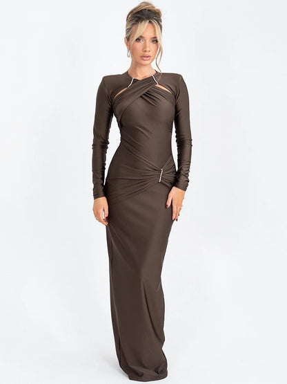 LVSANW Mozision Hollow Out Long Sleeve Sexy Maxi Dress For Women Gown Fashion Solid Bodycon Ruched Club Evening Elegant Long Dress