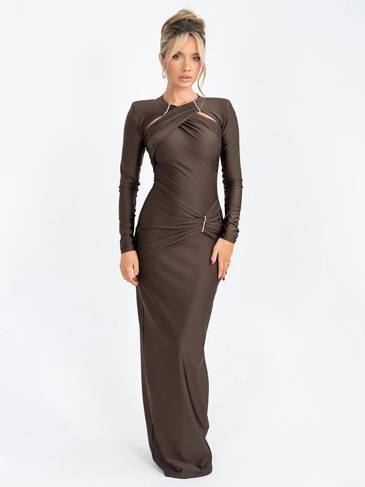 LVSANW Mozision Hollow Out Long Sleeve Sexy Maxi Dress For Women Gown Fashion Solid Bodycon Ruched Club Evening Elegant Long Dress