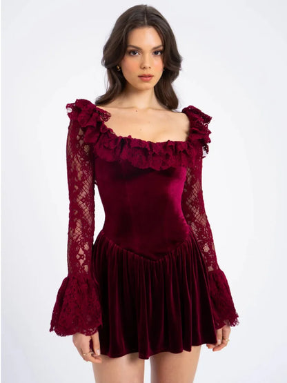 LVSANW Mozision Lace Flare Long Sleeve Sexy Mini Dress For Women Elegant Burgundy Lace-up Square Collar Backless Club Party Dress